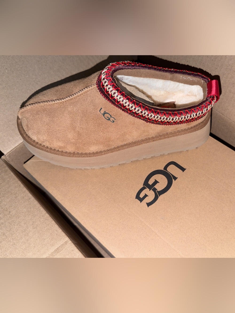 UGG Women's Chestnut Suede Slip-On with Red Trim